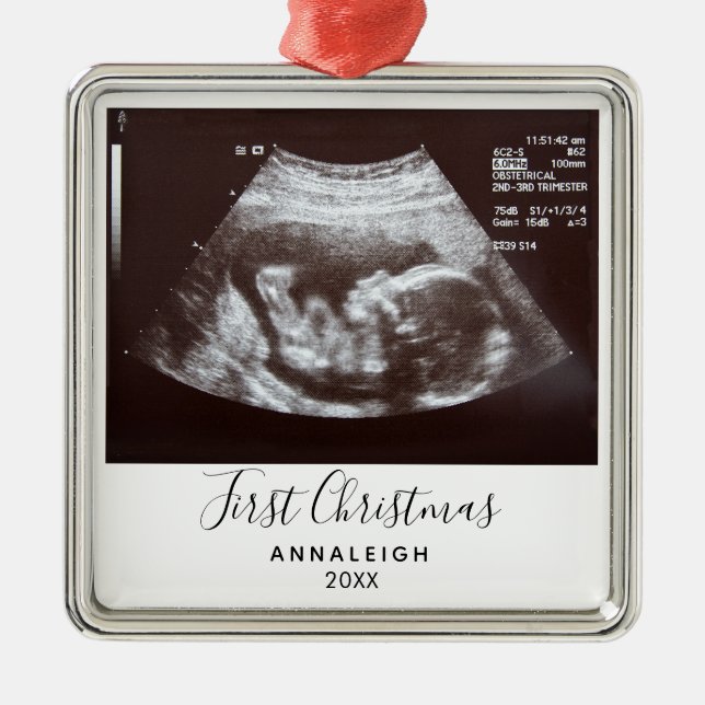 Ornement Carré Argenté Première Grossesse de Noël Ultrasum photo personna (Devant)
