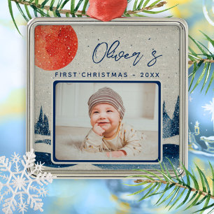 Ornement Carré Argenté Première photo de la forêt d'hiver de Noël du bébé