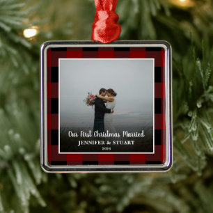 Ornement Carré Argenté Première photo de Noël de couple marié pour les fê