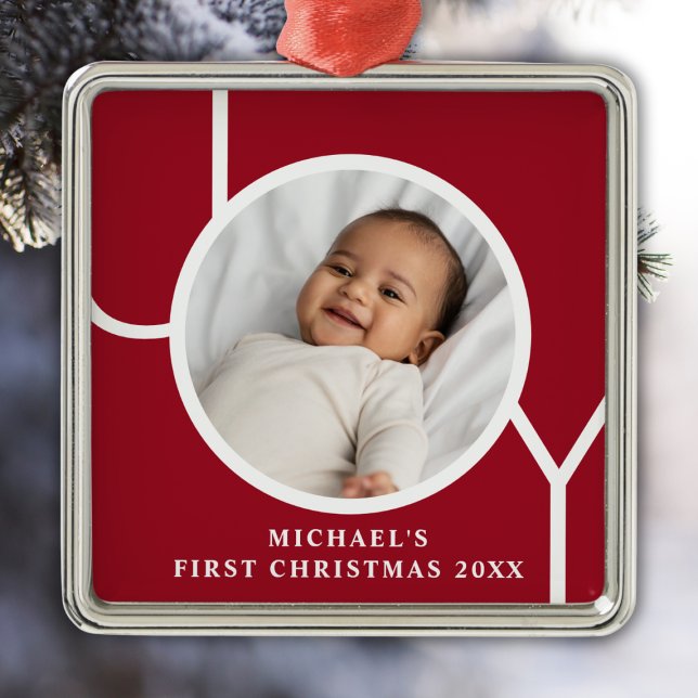 Ornement Carré Argenté Première photo de Noël du bébé personnalisé Garçon (Créateur téléchargé)