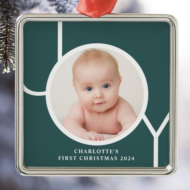 Ornement Carré Argenté Première photo verte personnalisée de Noël du bébé (Créateur téléchargé)