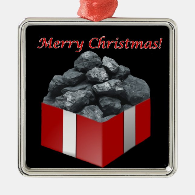 Ornement Carré Argenté Présent de charbon de Joyeux Noël (Devant)