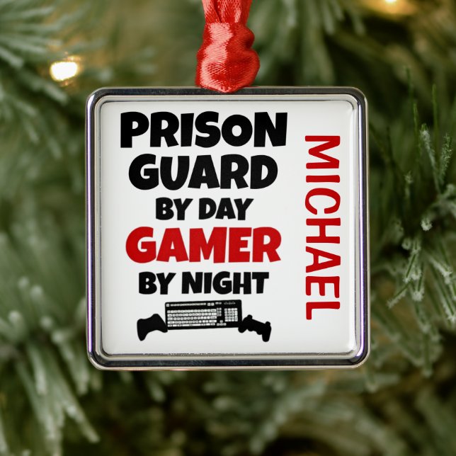 Ornement Carré Argenté Prison Guard aime jouer aux jeux vidéo (Arbre)