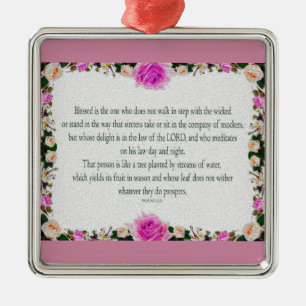 Ornement Carré Argenté Psaume 1 Art - Bienheureux Juif avec Design Floral