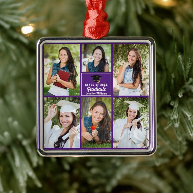 Ornement Carré Argenté Purple Graduate Photo Collage Graduation (Arbre)