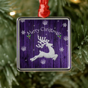 Ornement Carré Argenté Purple Rustic Christmas Reindeer Ceramic Ornament