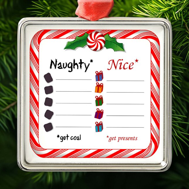 Ornement Carré Argenté Qui est vilain ou gentil (Who's Naughty or Nice Silver Ornament, Fill in the blanks. Are they naughty or nice? )