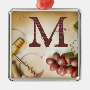 Ornement Carré Argenté Raisins de Vin Rouge Monogramme de liège