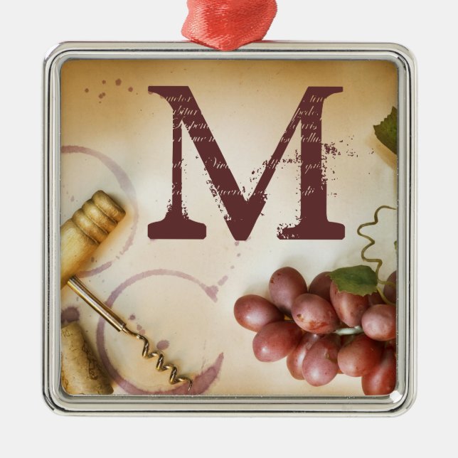 Ornement Carré Argenté Raisins de Vin Rouge Monogramme de liège (Devant)