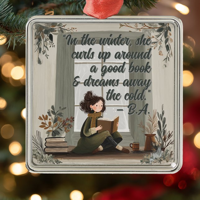 Ornement Carré Argenté Reading Book Club Christmas Metal Ornament (Reading Quote Book Club Ornament)