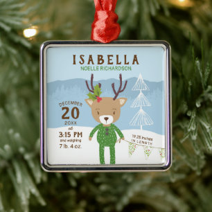 Ornement Carré Argenté Reindeer Birth Stats Bébé 1er Noël