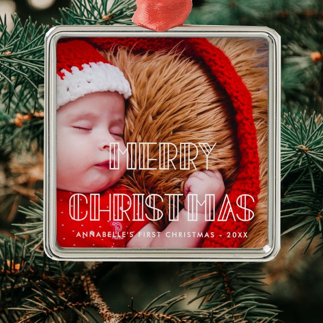 Ornement Carré Argenté Retro art déco Joyeux Noël bébé photo (Créateur téléchargé)