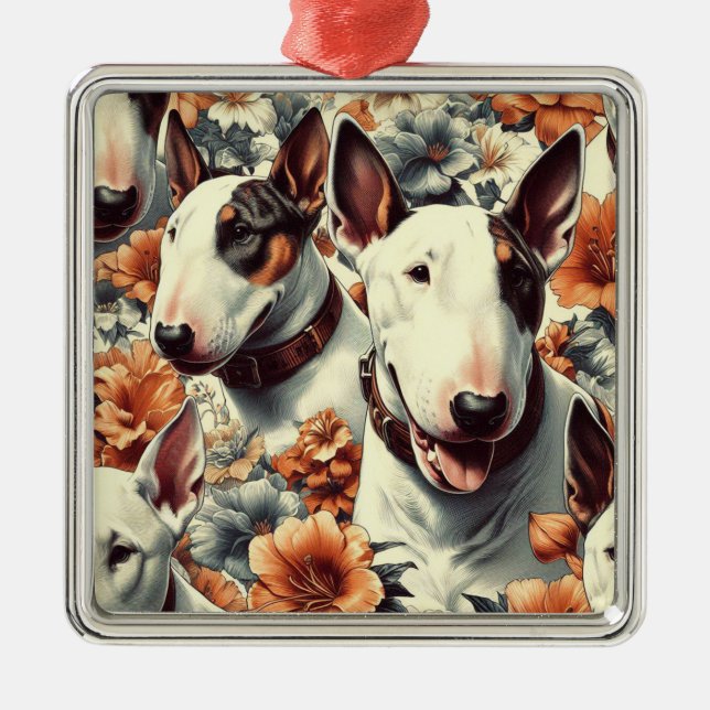 Ornement Carré Argenté Retro Bull Terrier Peinture sans fil (Devant)