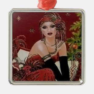 Ornement Carré Argenté Rétro dame vintage de Noël d'art déco de fête