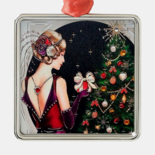Ornement Carré Argenté Rétro dame vintage de Noël d'art déco de fête