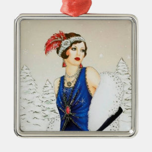 Ornement Carré Argenté Rétro dame vintage de Noël d'art déco de fête
