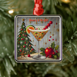 Ornement Carré Argenté Retro les années 50 Merry Bright Christmas Candy C
