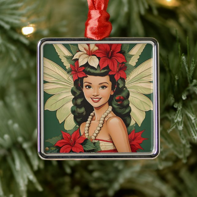 Ornement Carré Argenté Retro les années 50 Tropical Christmas Princesse (Arbre)