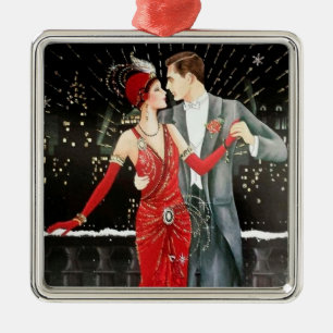 Ornement Carré Argenté rétros couples vintages de Noël d'art déco