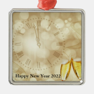 Ornement Carré Argenté Réveillon du Nouvel An avec lunettes de champagne