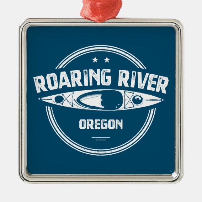 Ornement Carré Argenté Rivière Roaring Oregon Kayak (Devant)