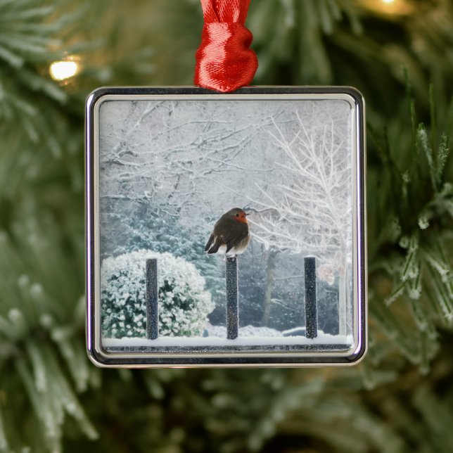 Ornement Carré Argenté Robin de Noël (Arbre)