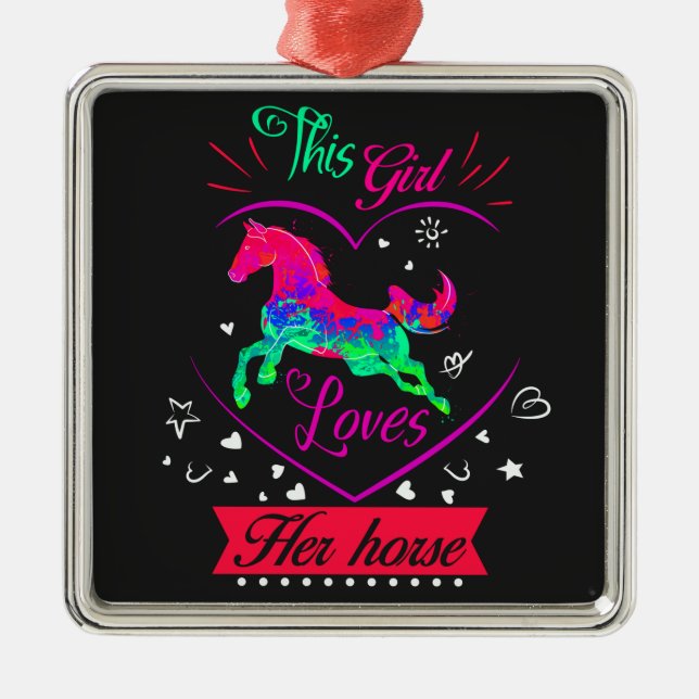 Ornement Carré Argenté Rose Cette Fille Aime Son Cheval (Devant)