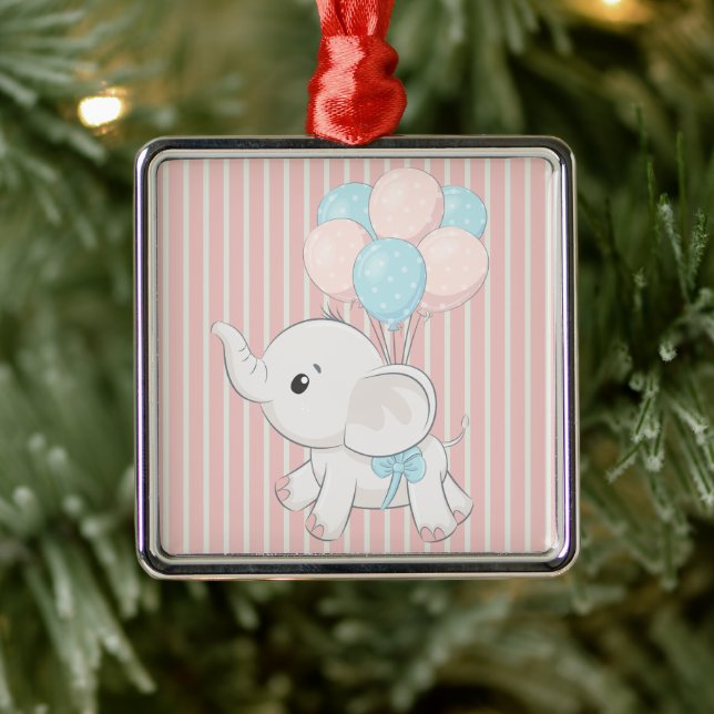 Ornement Carré Argenté Rose, mignon petit éléphant (Arbre)