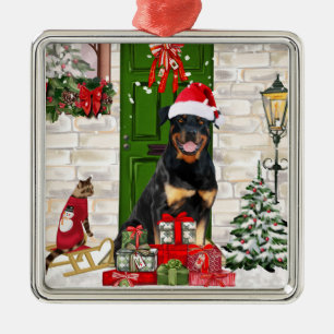 Ornement Carré Argenté Rotweiler Chien Noël