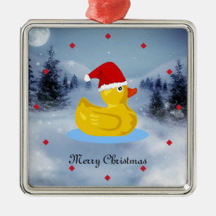 Ornement Carré Argenté Rubber Ducky dans son chapeau de Père Noël