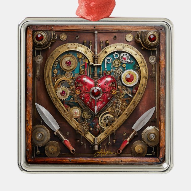 Ornement Carré Argenté Rubies Et Couteaux Coeur Steampunk Series (Devant)