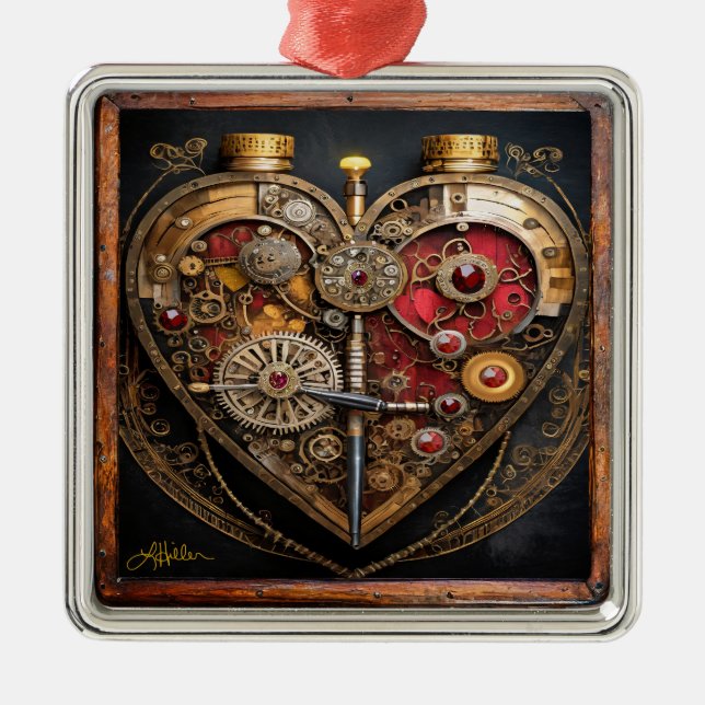 Ornement Carré Argenté Rubies Et Engrenages Coeur Steampunk Series (Devant)