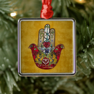 Ornement Carré Argenté Ruby Pomegranate Heart Red Bird Hamsa