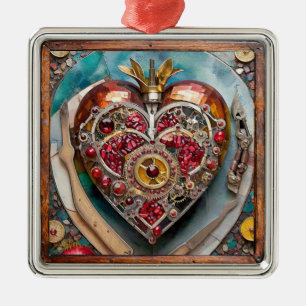 Ornement Carré Argenté Ruby Pomegranate Heart Steampunk Series