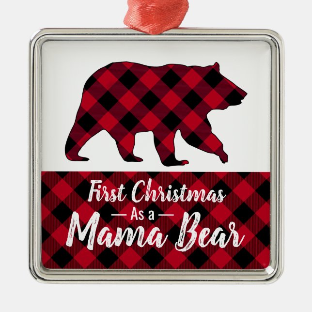 Ornement Carré Argenté Russe Premier Noël Mama Ours Rouge Buffalo Plaid (Devant)