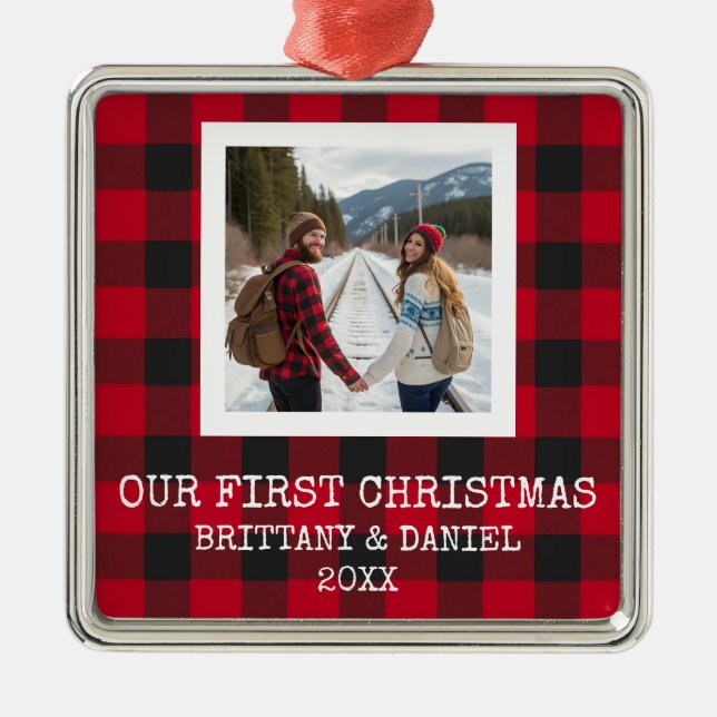 Ornement Carré Argenté Rustic Buffalo Plaid First Christmas (Devant)