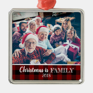 Ornement Carré Argenté Rustic Red Buffalo Plaid Photo Christmas Family
