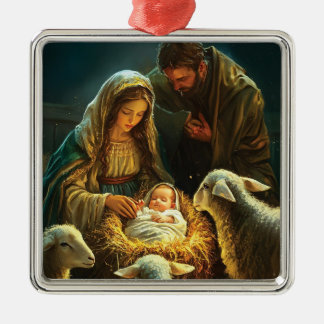 Ornement Carré Argenté Sainte Famille Noël Nativité 
