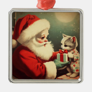 Ornement Carré Argenté Santa Claus vintage avec Kitten Retro Père Noël