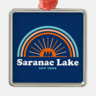 Ornement Carré Argenté Saranac Lake New York Rainbow