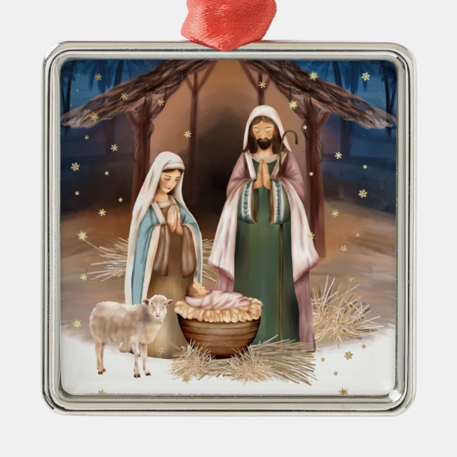 Ornement Carré Argenté Scène de Nativité Noël personnalisé (Devant)
