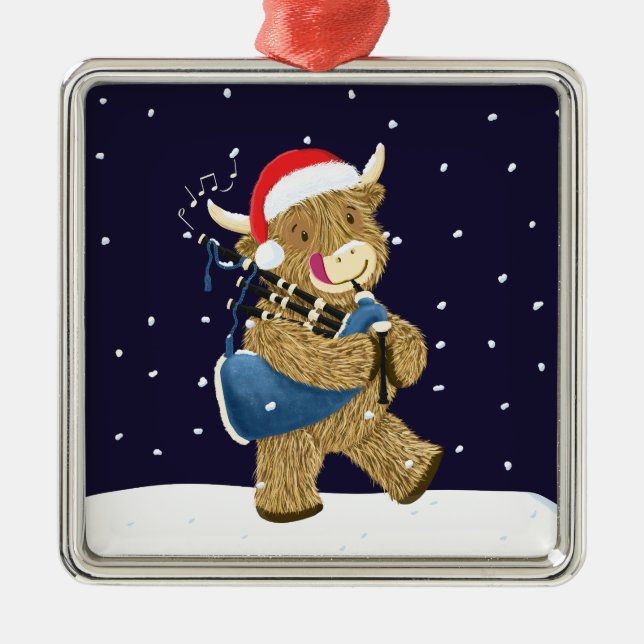 Ornement Carré Argenté Scottish Highland Cow Christmas Piper (Devant)