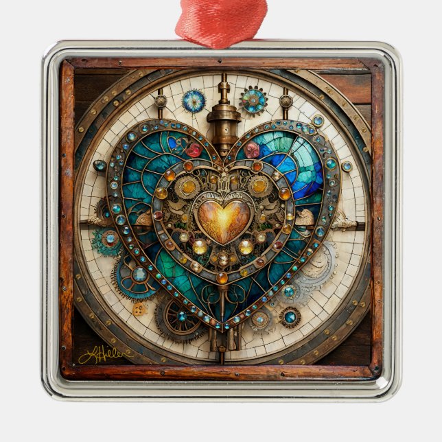 Ornement Carré Argenté Série Coeur en verre doré Steampunk Steampunk (Devant)