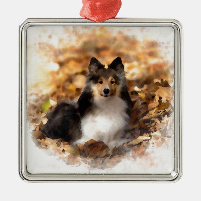 Ornement Carré Argenté Sheltie Shetland Sheepdog Art Peinture (Devant)