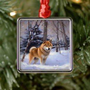Ornement Carré Argenté Shiba Inu Qu'il neige Noël