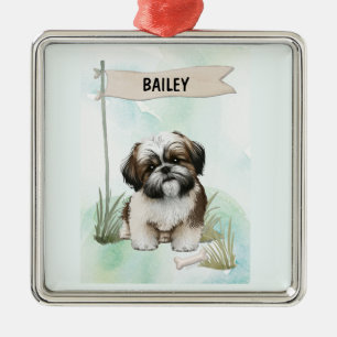 Ornement Carré Argenté Shih Tzu aquarelle chien personnalisé