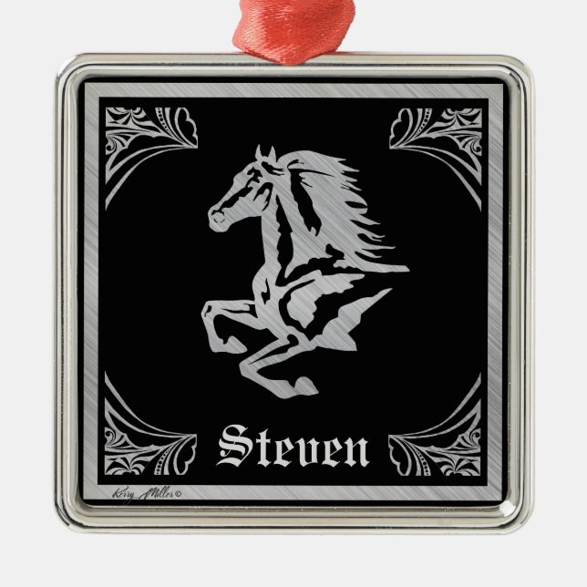 ORNEMENT CARRÉ ARGENTÉ SILHOUETTE DE CHEVAL D'ARGENT (Devant)