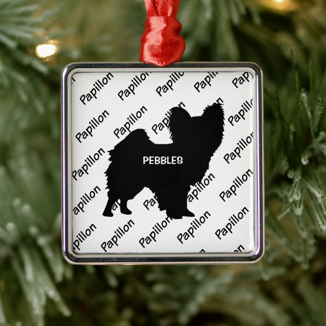 Ornement Carré Argenté Silhouette de chien Papillon personnalisé (Arbre)