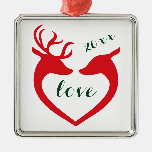 Ornement Carré Argenté Silhouette personnalisée Coeur Cerf Couple en amou (Devant)