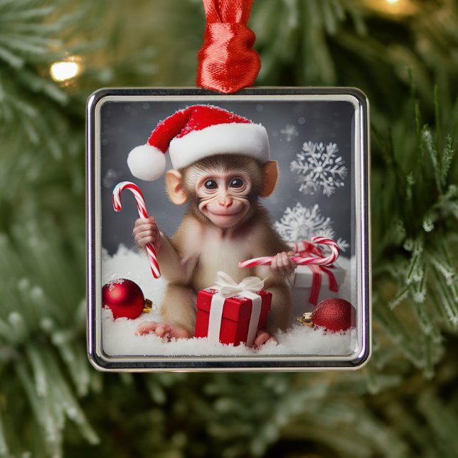 Ornement Carré Argenté Singe mignon avec chapeau de Père Noël (Arbre)